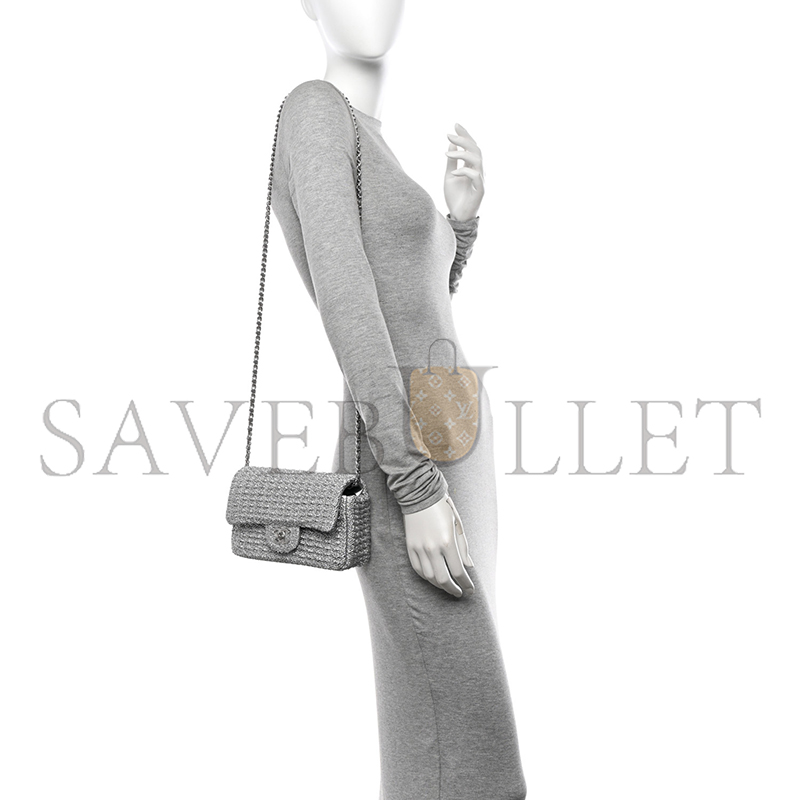 Ch*el classic flap bag braided lurex & silver-tone metal as5279 (20.5*12.5*6cm)